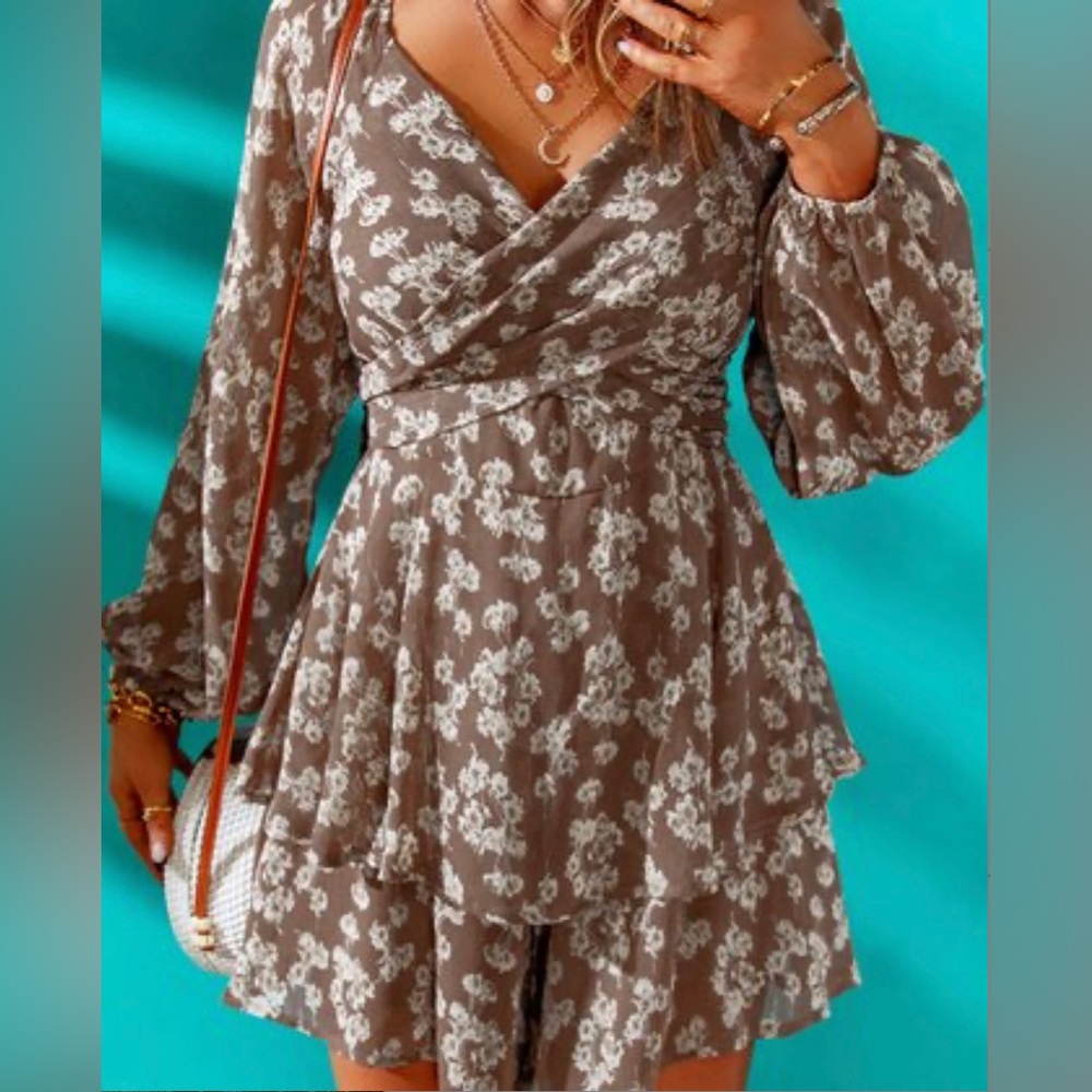 Brown & White Floral Romper, Large